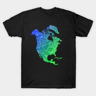 Colorful mandala art map of North America with text in blue and green T-Shirt